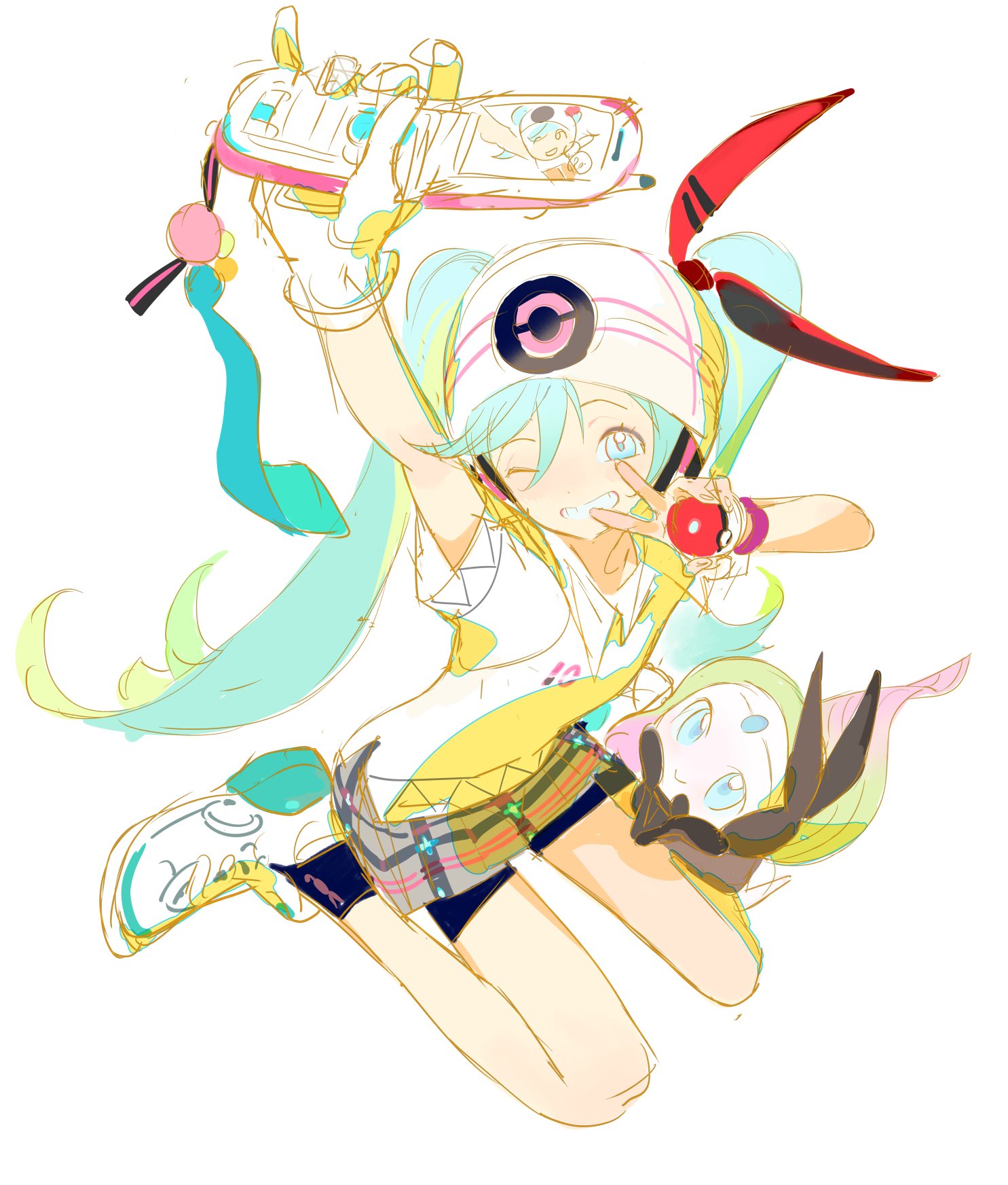 this is a digital art drawing of a cute anime girl jumping and taking a selfie with her phone. she is wearing a white, yellow, and blue outfit and a white hat with a red circle on it. the girl has light blue hair and is smiling. she is holding a red pokeball in her right hand. there's another character, possibly a pokémon, in the background.