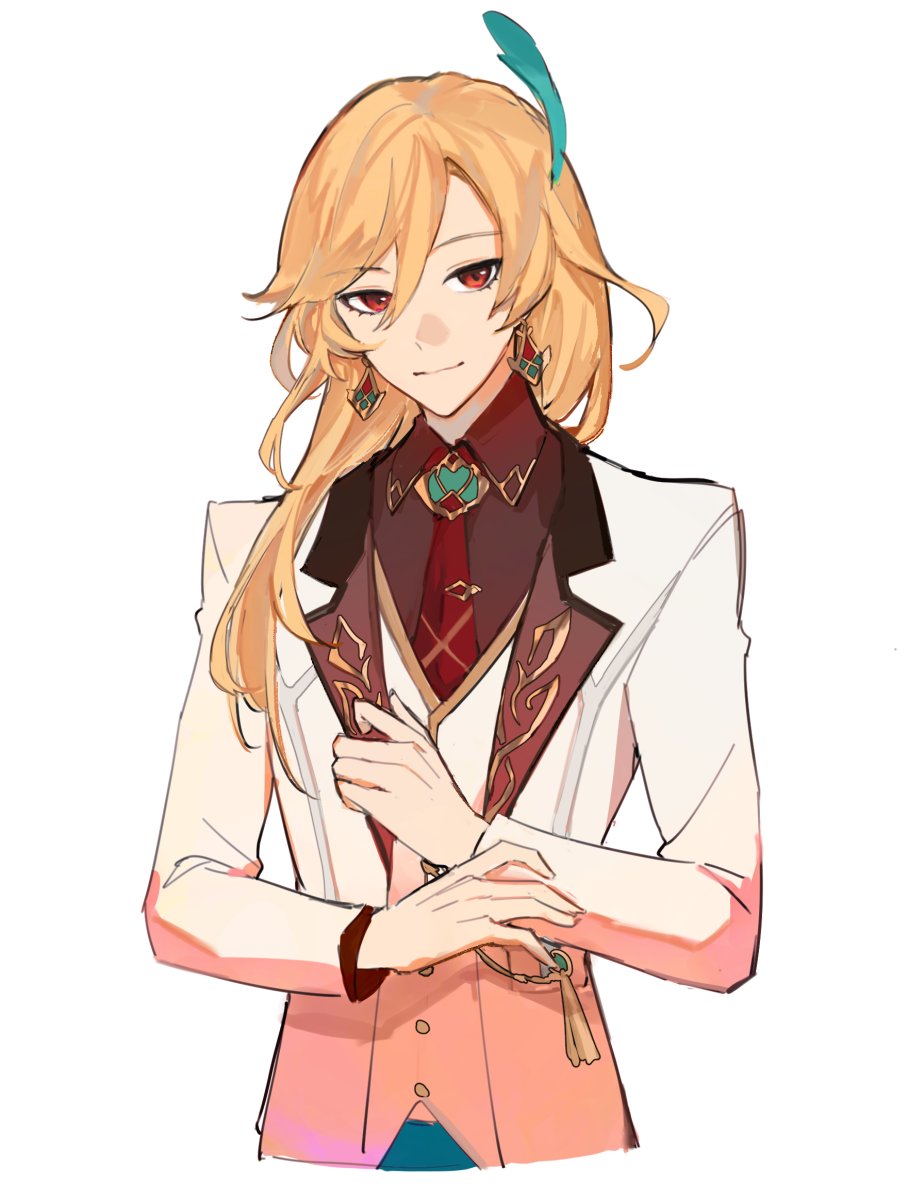 an anime style illustration of a young male character with blond hair and blue eyes wearing a white jacket, pink vest, and a red tie. he is smiling and looks confident and elegant. the artwork is in a digital art style and is very detailed.