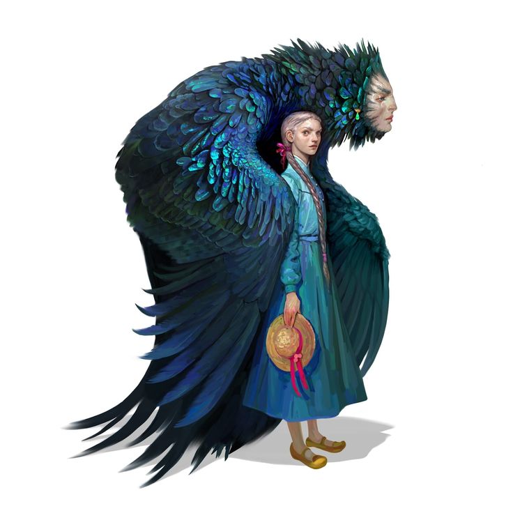 the image is a digital painting of a fantasy scene. a young woman in a teal dress stands with a large, dark teal bird's wings draped over her shoulders, almost like a cape. the wings are intricately detailed with feathers, and the bird's head is slightly visible from behind the woman. the woman holds a straw hat with a pink ribbon. she has pale skin and light blonde hair braided down her back. the style is whimsical and ethereal, creating a captivating blend of human and animal elements in a magical setting. the image is set against a clean white background.