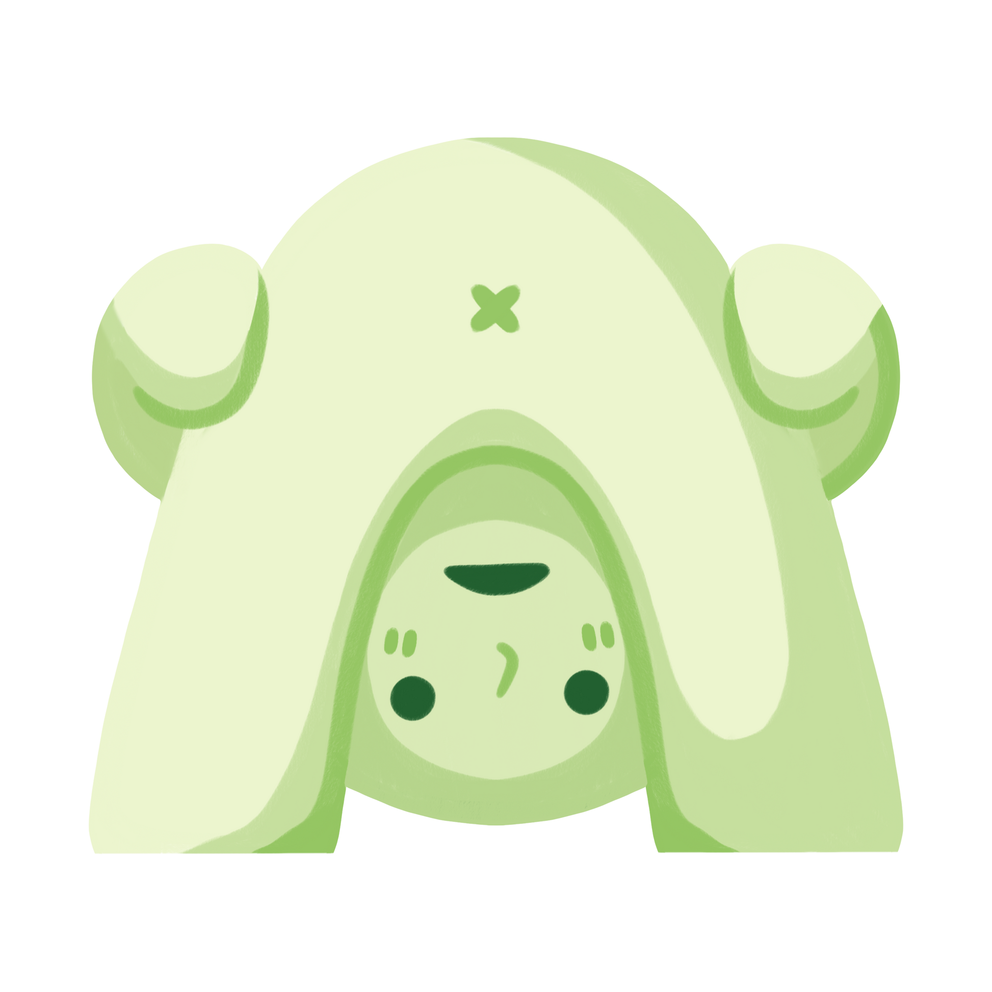 the image is a cartoon illustration of a cute, green creature doing a handstand.  it has a simple, minimalist design with soft, rounded shapes. the creature's expression is happy and playful. the overall style is whimsical and friendly. the color palette is limited to various shades of green, giving it a soft and calming feel.