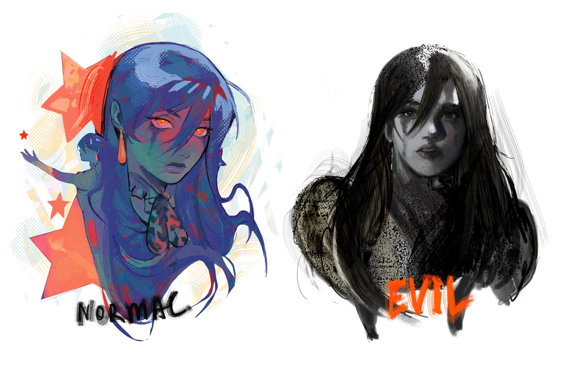 the image presents two contrasting portraits of women, seemingly representing a beforeandafter transformation or a duality. the left portrait, labeled "normac," features a young woman with bright blue skin and hair, set against a vibrant background of orange and red stars. the right portrait, labeled "evil," depicts the woman with dark hair and a somber expression, rendered in shades of gray and black against a similarly muted background. the stark contrast in color palette and mood between the two portraits suggests a shift from innocence to darkness.