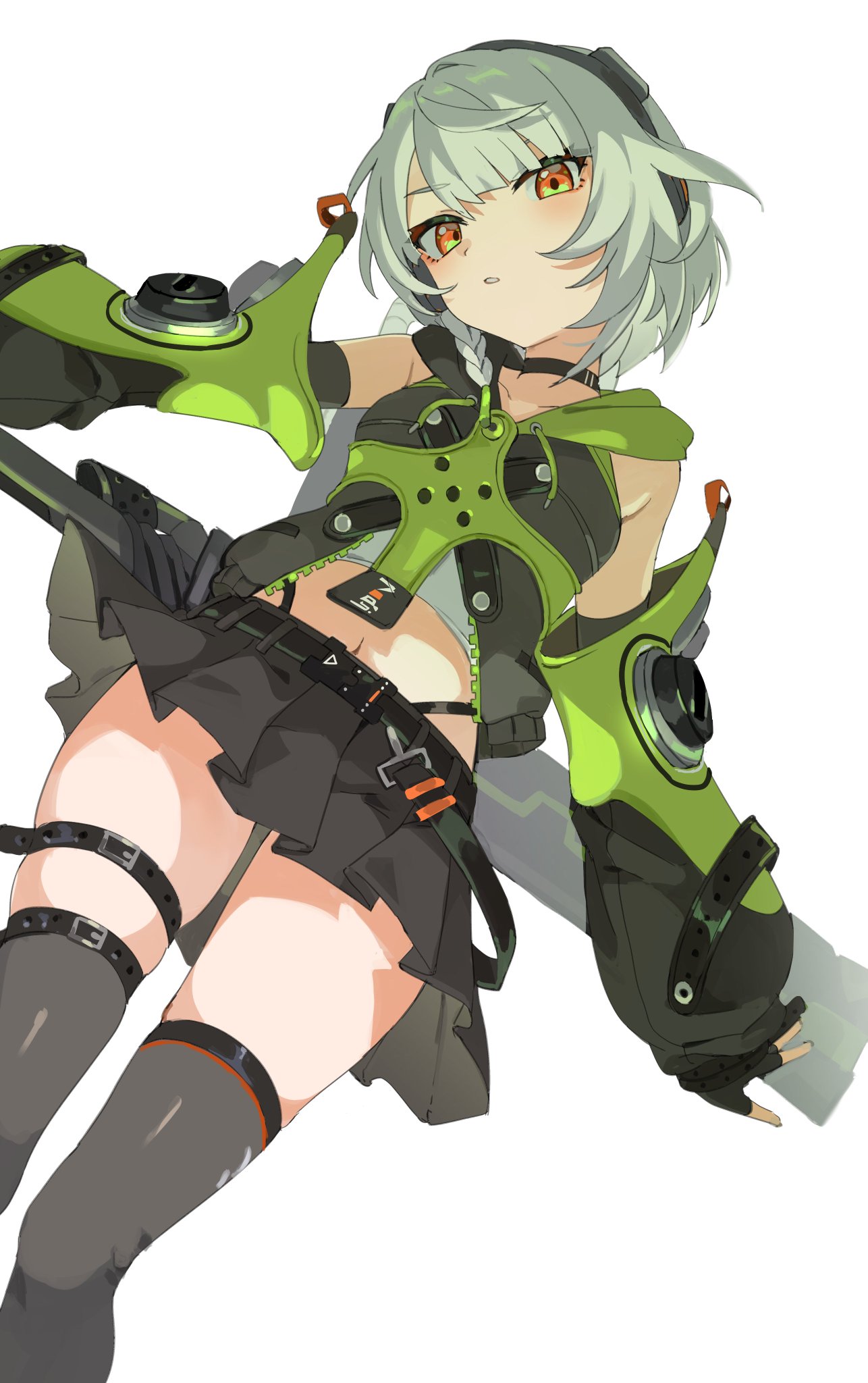 a drawing of a girl in a green and black outfit wielding a gun with a white background. she is wearing a green shirt, black shorts, and black and green gloves. she has long green hair and yellow eyes. she is in a pose as if she is shooting a gun.  the background is white.