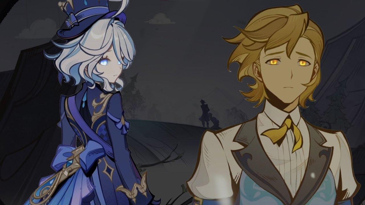 two anime characters are in the foreground of the image. they appear sad, and are looking in different directions.  the female character is wearing a blue and white dress and a hat.  the male character is wearing a blue and white suit. there are dark, shadowy silhouettes in the background.