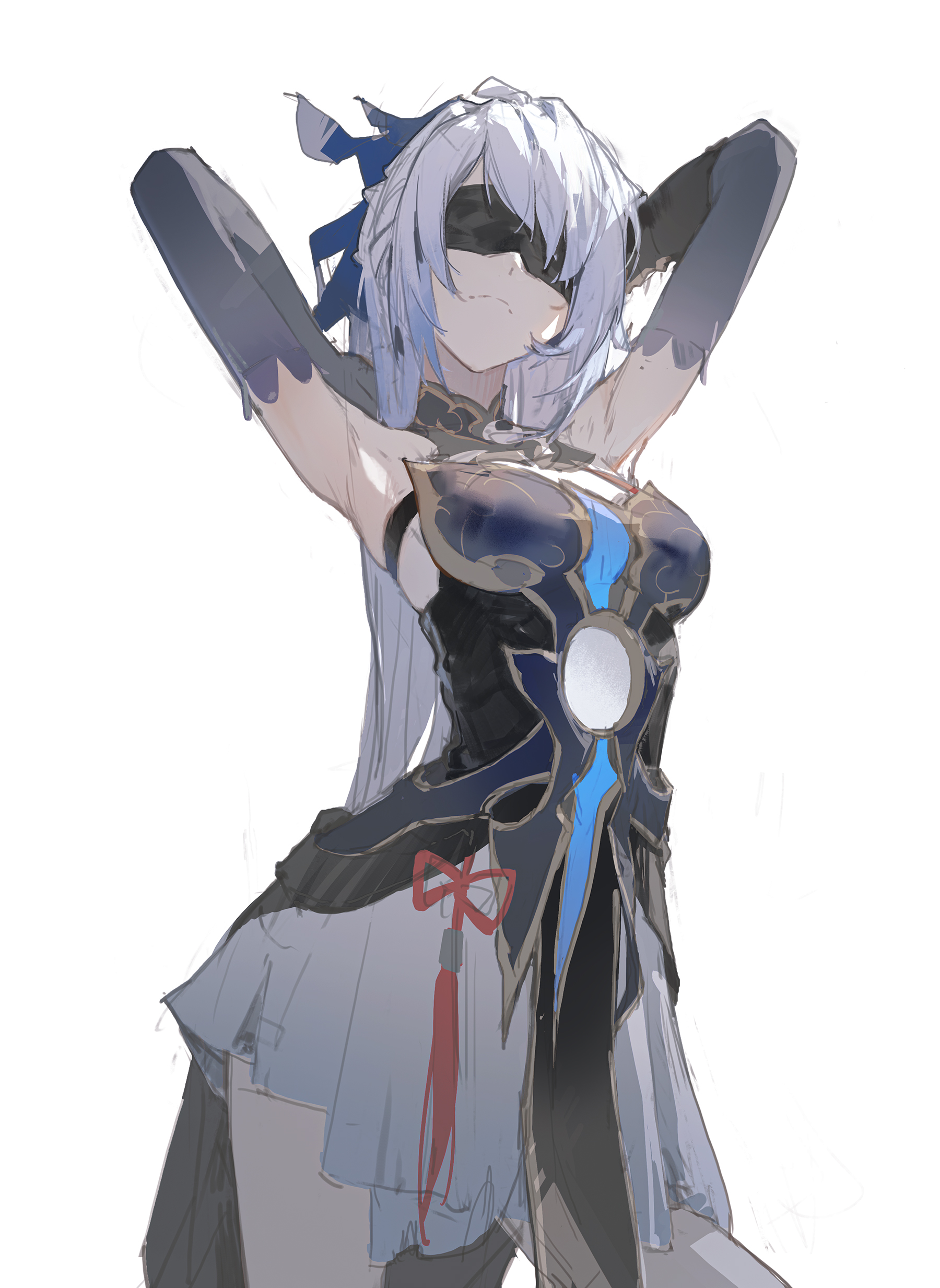 an anime girl with white hair and blue eyes, wearing a blue and black dress with a red bow and long gloves, is standing in front of a white background, the girl has a blindfold covering her eyes. the illustration is digitally drawn.