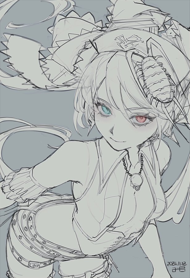 he image is a digital sketch or drawing of an animestyle girl. she has heterochromia, with one blue eye and one red eye. she's wearing a large, ornate hat and a corsetlike top with belts and buckles. her hair is styled in a ponytail, and her attire suggests a fantasy or possibly steampunk aesthetic. the style of the drawing is loose and sketchy, with varying line weights and a focus on conveying character and form rather than detailed rendering. the background is a simple, muted grey. the overall mood is a blend of whimsical and slightly edgy. the artist's signature or date is present in a small text in the bottomright corner.