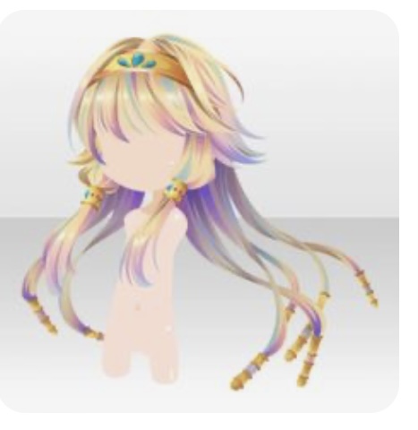 the image showcases a digital illustration of a hairstyle designed for a female anime character. the style features long, flowing hair with a blend of blonde, pink, and purple hues. it is adorned with a gold headband featuring a turquoise gem and embellished with gold braiding. the hair cascades down, ending in delicate strands tipped with gold ornaments.