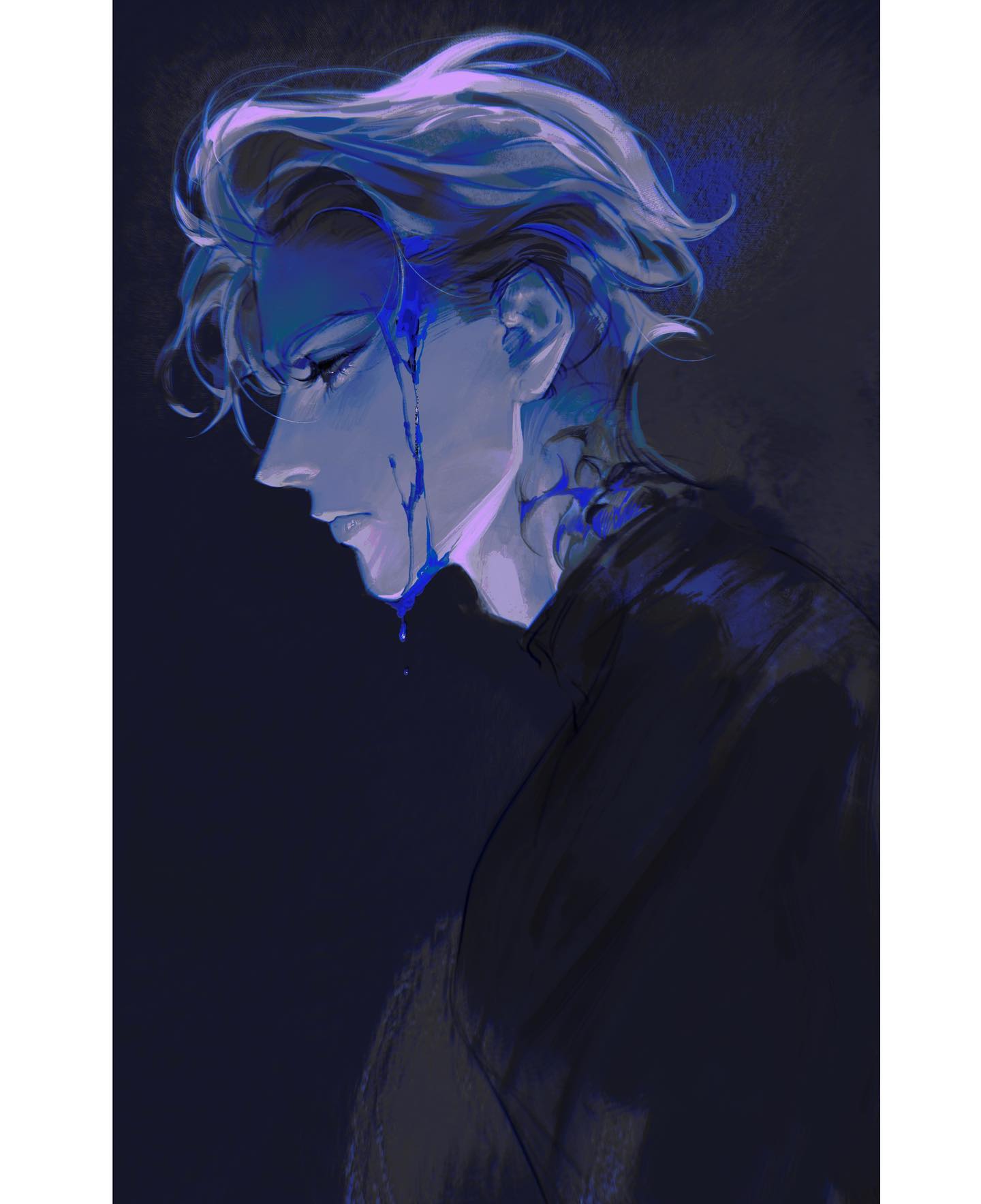 the image presents a digital painting of a young man with styled blonde hair, his head bowed in profile against a dark background. blue paint, resembling a tear, streaks down his face, emphasizing a sense of melancholy. his expression is hidden in shadow, adding to the air of sorrow. the overall tone is somber and evocative, hinting at inner turmoil.