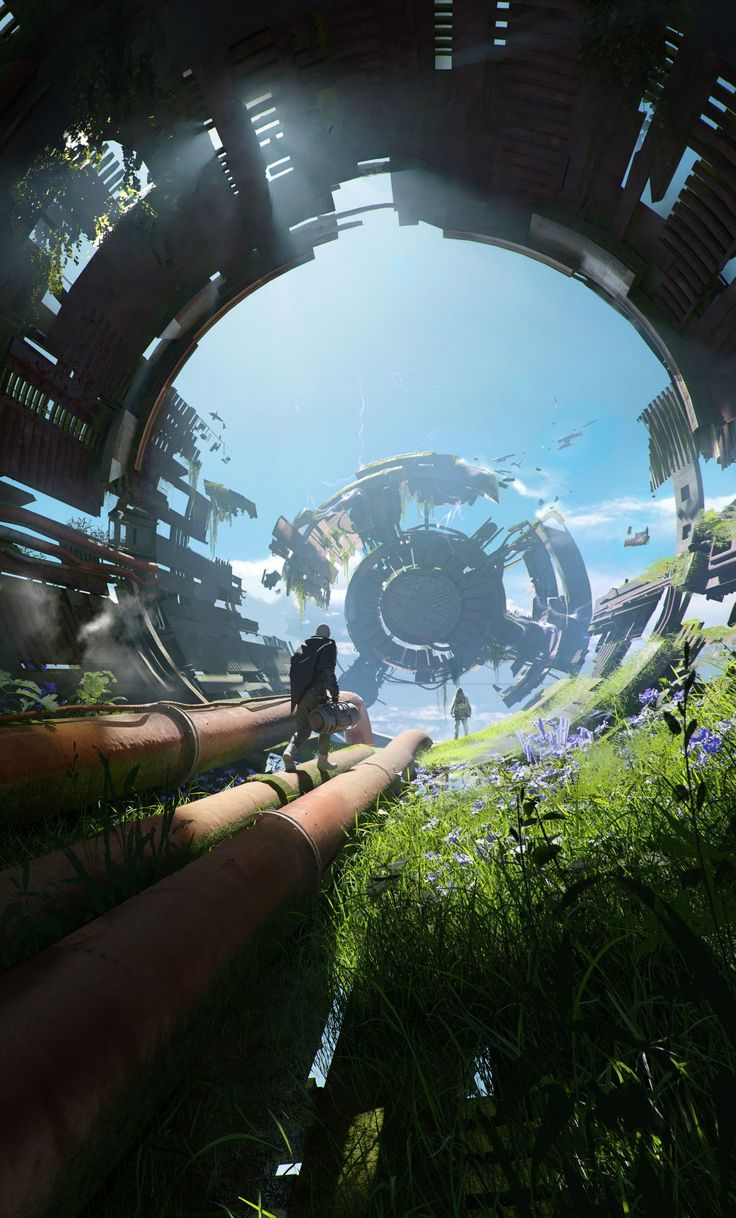 a digital artwork depicts a postapocalyptic scene with a large, circular structure dominating the horizon. the structure is partly ruined and overgrown with vegetation. in the foreground, a person walks across large, rusted pipes amidst lush grass and wildflowers. a tunnellike structure frames the scene, also showing signs of decay and overgrowth. the sky is bright, suggesting a sunny day, and sunlight filters through the broken parts of the tunnel. a second person stands in the distance. the overall impression is a blend of futuristic and natural elements in a world that has been reclaimed by nature.