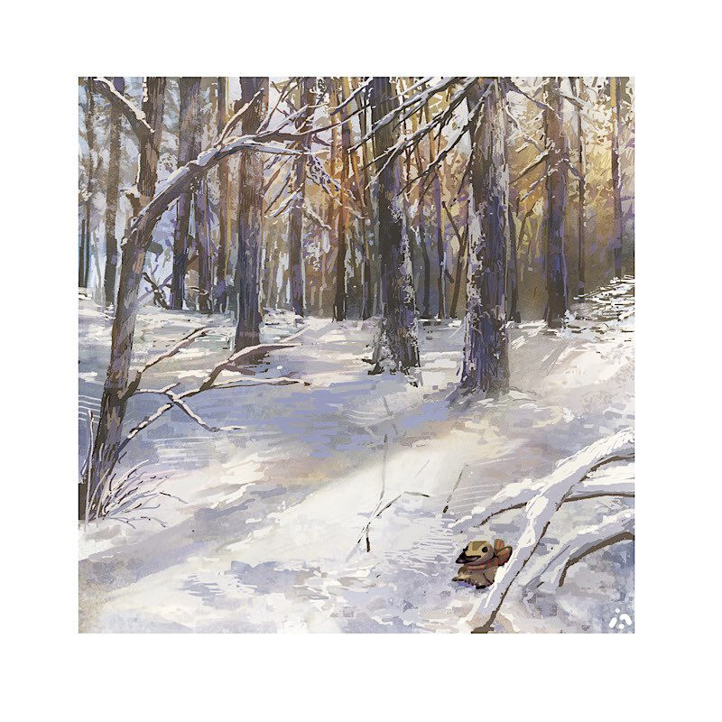 the image is a painting of a snowy forest path. the sun shines through the trees onto the path, which is covered in white snow. the trees are bare and brown, with some snow on their branches. the scene is peaceful and serene.