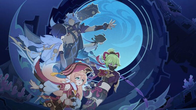 the image features five anime characters from the video game genshin impact, set against a blue background with a swirling pattern. they are all dressed in colorful and elaborate outfits, with swords or other weapons in hand. the characters appear to be in the midst of a battle or some other exciting event, and their expressions are determined and fierce. the overall tone of the image is energetic and adventurous.