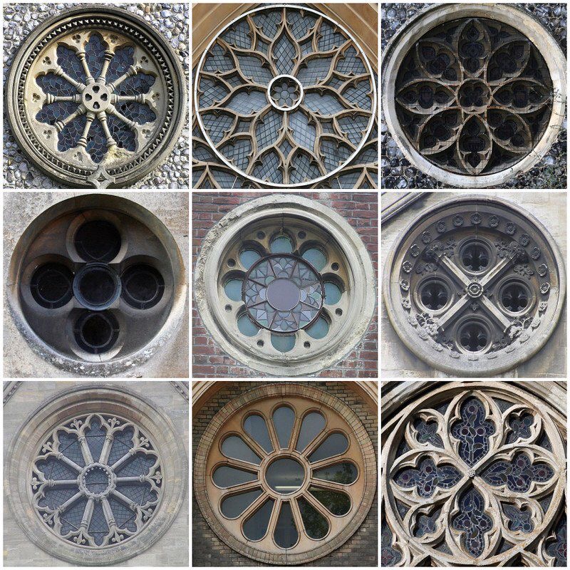 a grid of nine images showing different circular windows.  each window is framed by a stone carving. some of the windows are simple glass, some more complex designs.