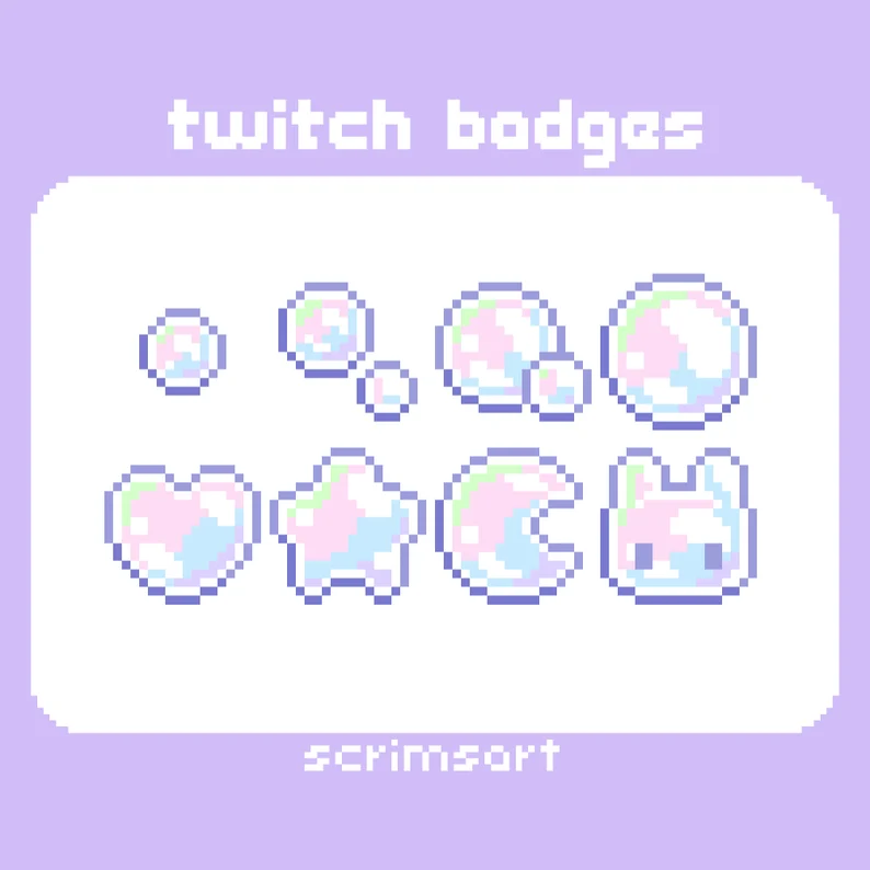 this image showcases a set of cute, pixel art twitch badges with a pastel color scheme. each badge features a unique design with bubbles inside shapes: a simple bubble, a heart, a star, a moon, and a cat. these badges likely represent different subscriber tiers or milestones in a twitch streamer's community. content: badge, bubble, twitch, pixel artpeople: streamer, subscriber environment: online, digital, platform lighting: none perspective: front kw: twitch badges, pixel art badges, pastel badges, cute badges, streamer badges, subscriber badges,  community badges, gaming badges, online community, digital art.