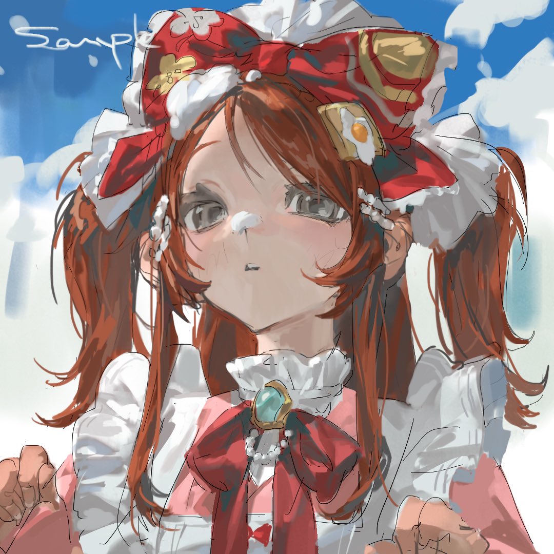 this is a digital art piece that shows an animestyle girl in a maid outfit. she has a red bow on her head and a white apron. she is looking at the viewer and has a cute expression. the image is very detailed with a lot of texture in the clothes and hair. the background is a blurry and colorful sky with a hint of white clouds.