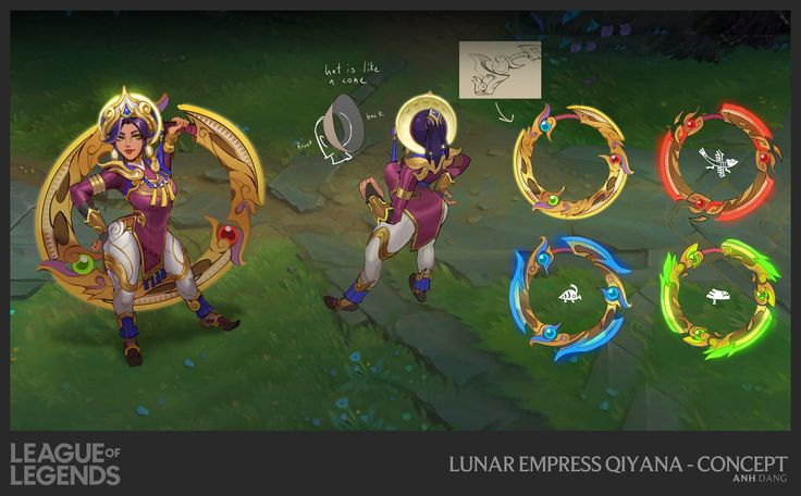 the image showcases concept art for a league of legends skin called "lunar empress qiyana."  the art features multiple views of the character.  one shows qiyana from the front, adorned in ornate purple and gold clothing, wielding a large, crescent moonshaped weapon. another perspective displays her from behind, highlighting her outfit's detailing.  several variations of the weapon are also presented, each with a different color scheme (gold, red, green, blue). these variations are likely designed to reflect different skill levels or abilities within the game.  a sketch of the character's headdress is included, alongside notes and annotations from the artist (anh dang). the overall style is vibrant and detailed, characteristic of fantasy game art.
