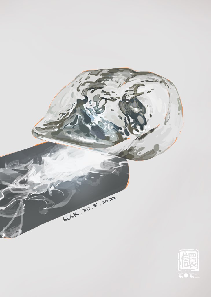 the image is a digital painting or illustration of an abstract form that resembles a water droplet or a piece of liquid metal. the form is mostly gray and silver, with highlights of white, creating a metallic or reflective appearance. it's placed over a darker gray rectangular form which seems to be a backdrop or a separate element. the overall style is abstract and somewhat grunge, with the brush strokes and texture adding to the visual appeal. the date "666k. 30.5. 2022" is written in the lower part, along with an artist's mark or signature. the background is a very pale gray. the overall impression is one of fluidity,  movement, and an industrial or futuristic aesthetic.