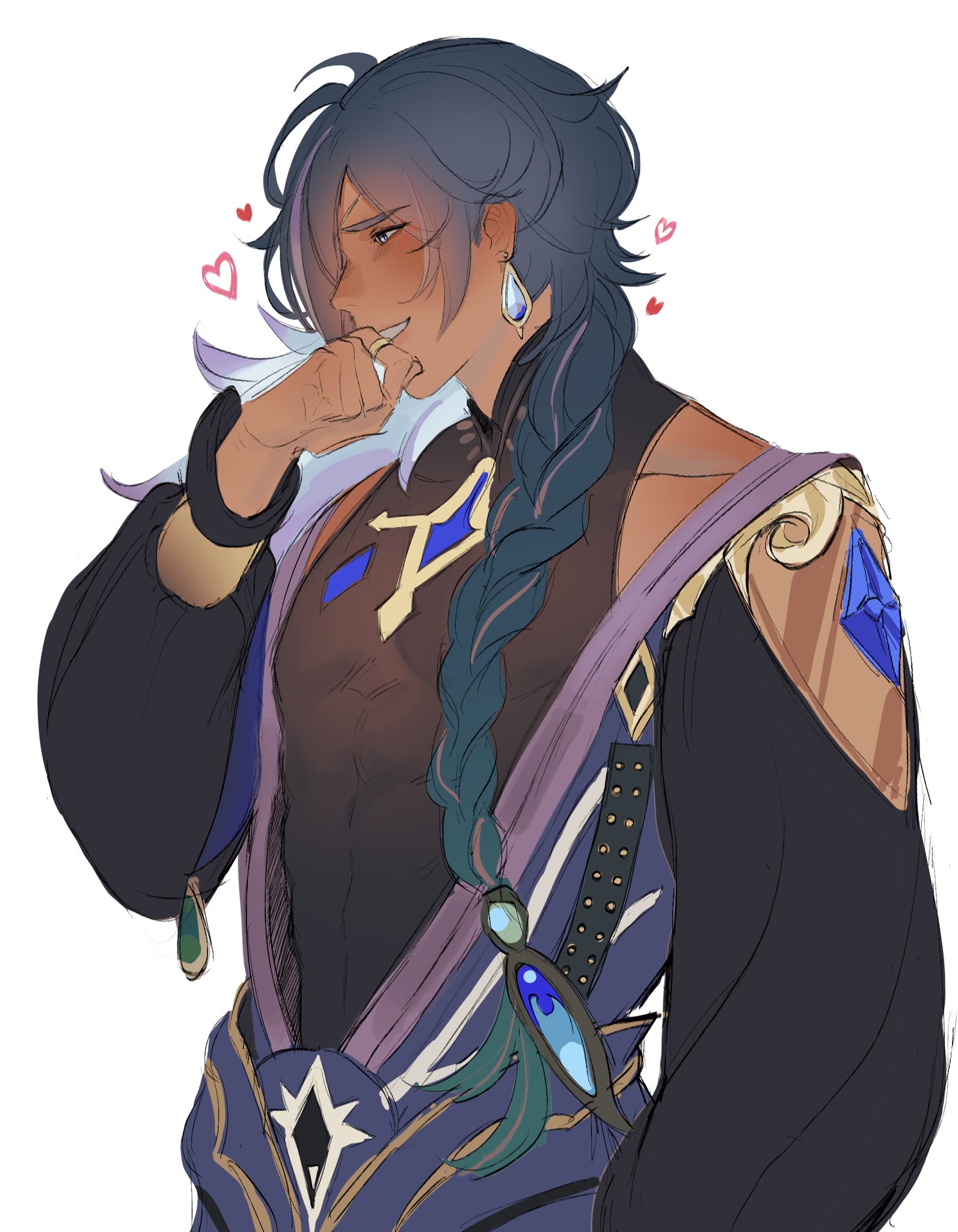 this digital illustration depicts an animestyle male character with long blue hair braided down his back. he is wearing a detailed fantasy outfit with gold and blue accents. the character is smiling and looking away from the viewer, with a pink blush on his cheeks.  he appears to be feeling shy and happy.  the background is plain white, making the character stand out.  the artwork is done in a soft and gentle style, using vibrant colours and a sense of whimsy.