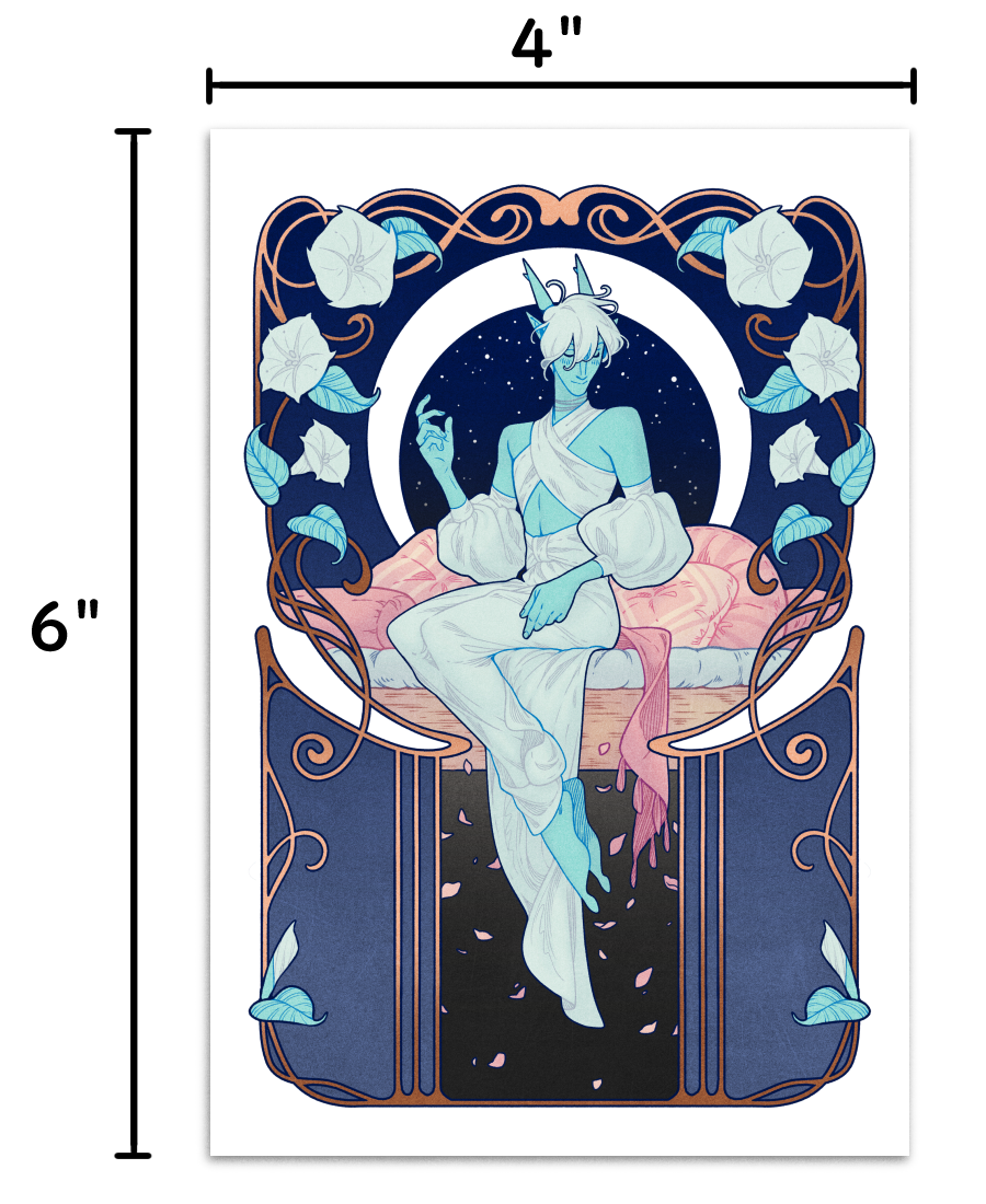 the image showcases a male incubus with white horns, blue skin, and white hair. he is sitting on a chaise lounge adorned with pink pillows and a flowing red cloth. the incubus is positioned in front of a circular window, revealing a night sky with a crescent moon and stars. he is framed by stylized floral elements reminiscent of art nouveau.