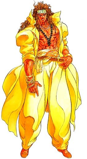 this is a colorful cartoon illustration of a male character. he is a muscled warrior with long, dark brown hair and a headband. he is wearing a yellow coat over a white shirt. he has on bracelets and a belt around his waist. he is standing with his hands on his hips, looking out to the side. the background is white.