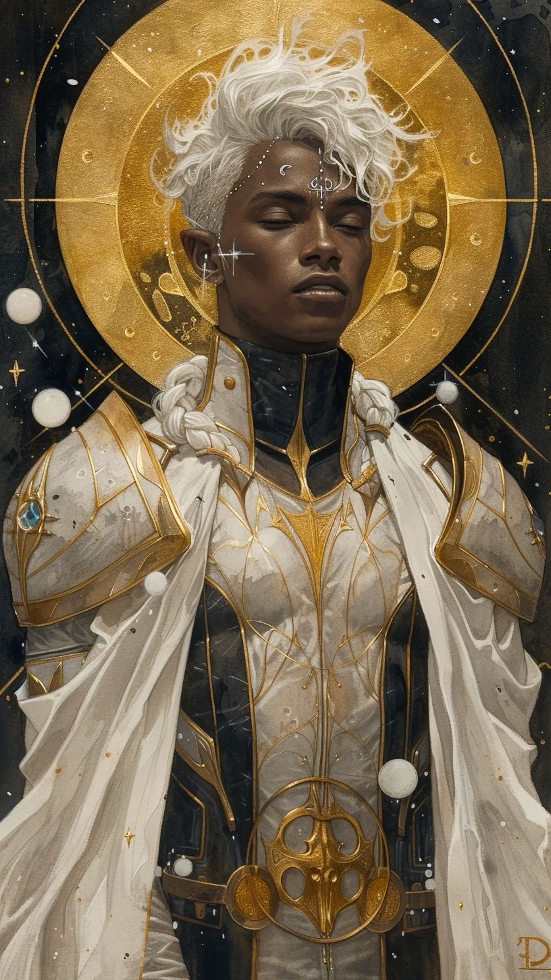 an illustration of a handsome and powerful fantasy warrior, adorned in golden armor, standing amidst a backdrop of shining stars and a cosmic galaxy. the warrior has a golden crown on his head, and his eyes are closed, as if lost in contemplation.  the artwork is filled with a sense of magic and power, as the warrior stands poised and ready to take on any challenge that comes his way.