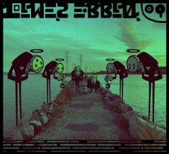 the album art features seven cartoon characters with halos standing on a path surrounded by water. the characters are drawn in a simple, rounded style with black outlines and white highlights. the background is a gradient of green, from dark to light, with power lines visible in the distance. the overall effect is both eerie and whimsical.