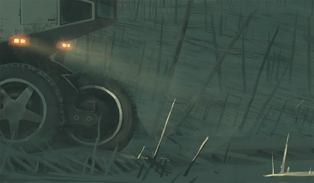 a closeup of a truck driving through a dark forest. the truck is lit up by its headlights, and the tires are kicking up dirt. the forest is dark and mysterious. there is a sense of danger and mystery in the image. the truck is a bit futuristic in design, possibly even from a scifi movie. the forest and truck together create a sense of isolation and adventure.