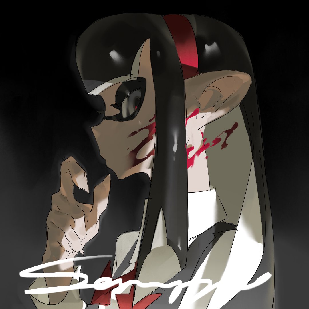 the image shows an anime girl with black hair, a red ribbon, glasses, and a school uniform. she has blood on her face and neck. the background is dark. the image has a mysterious and unsettling feel.