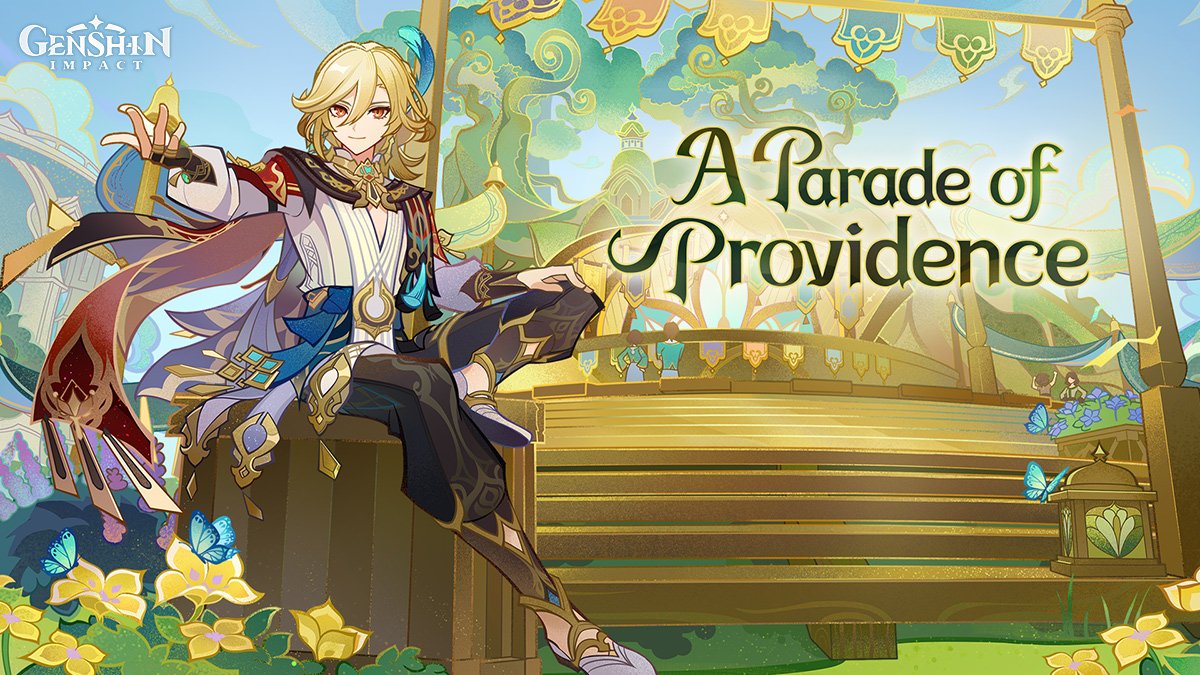 this image is a promotional artwork for a festival in the video game genshin impact called "a parade of providence." the image features the character xiao, a blonde male anime character, wearing a gold and blue outfit, standing on a golden platform. he is surrounded by golden flowers, butterflies, and a chinesestyle lantern.  the background is a brightly colored fantasy world with  gold and green decor. the image is beautifully rendered, with a lot of detail and texture.  the artwork is evocative of a festive and joyous occasion.