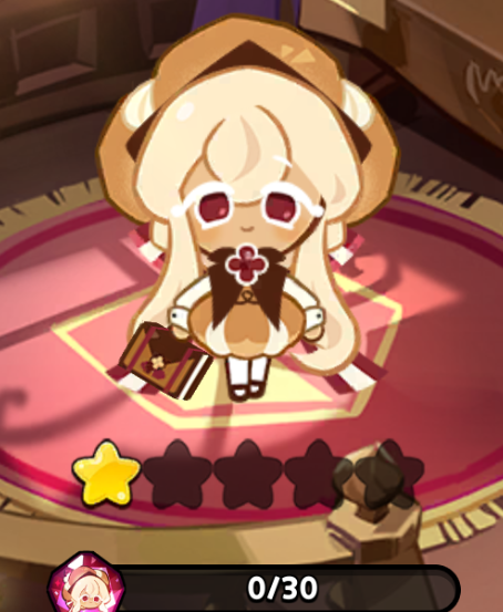the image is of financier cookie from the mobile game cookie run: kingdom. she is standing on a pink and gold patterned rug. she has one star and a counter of 0/30.