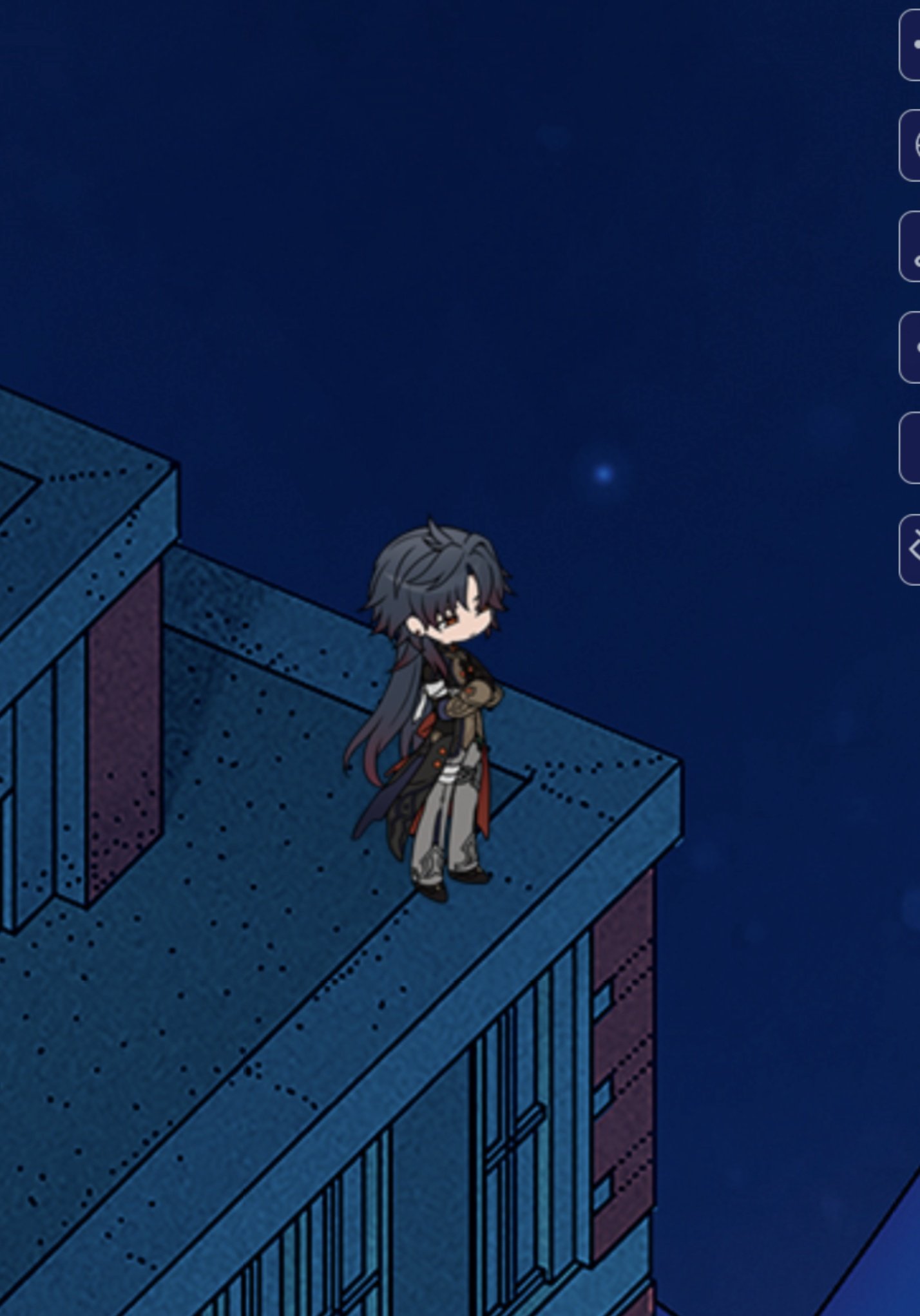 a cartoon character stands on the rooftop of a building at night, looking out at a cityscape. the character is dressed in a black and red outfit with a long black cape. the night sky is dark blue with a few stars.