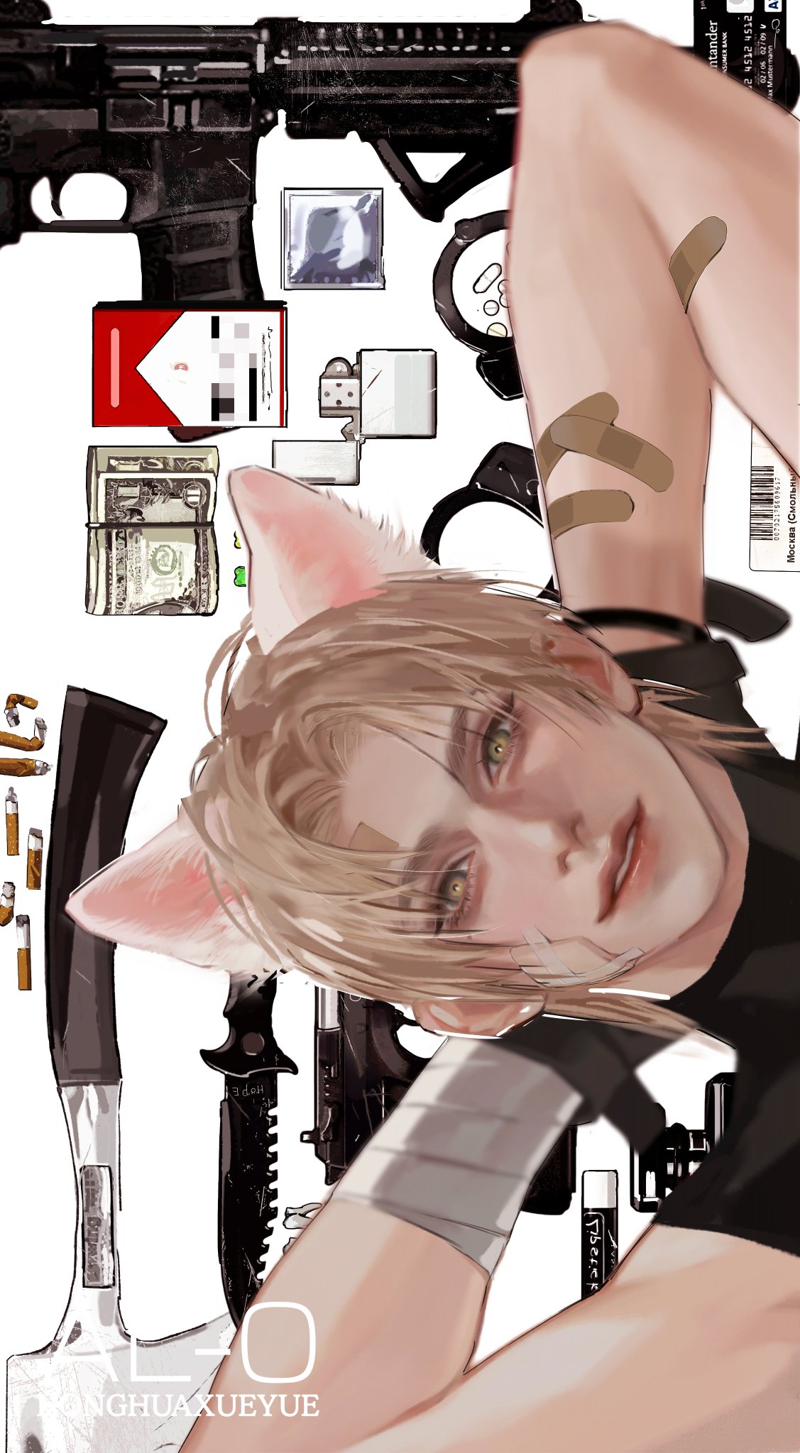 an anime style girl with cat ears has a bandaged arm and is holding a gun.  she is surrounded by weapons like a knife and axe.