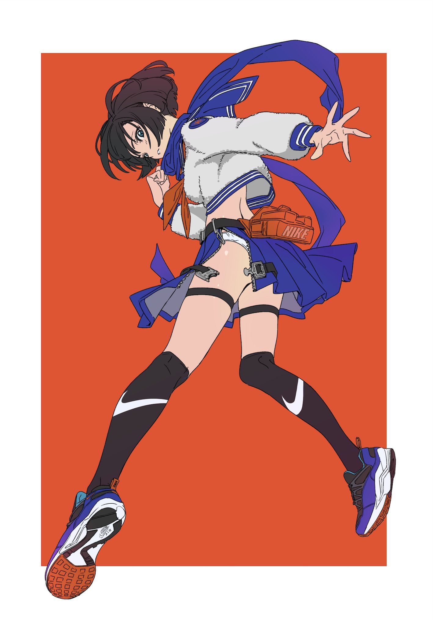the image is a dynamic illustration of a young anime girl in a stylish, sporty outfit. she's wearing a modified sailor uniform with a white top, blue skirt, and black kneehigh socks featuring the nike swoosh. her shoes are also nike sneakers in a vibrant blue and orange color scheme.  she has short, dark brown hair and is depicted in a midair jump, her pose energetic and full of movement. the overall style is a blend of anime and streetwear aesthetics, with a bold, flat color palette emphasizing the character’s dynamic pose against a bright orange backdrop.  the image is clean, sharp, and highly detailed, showcasing skill in digital illustration.
