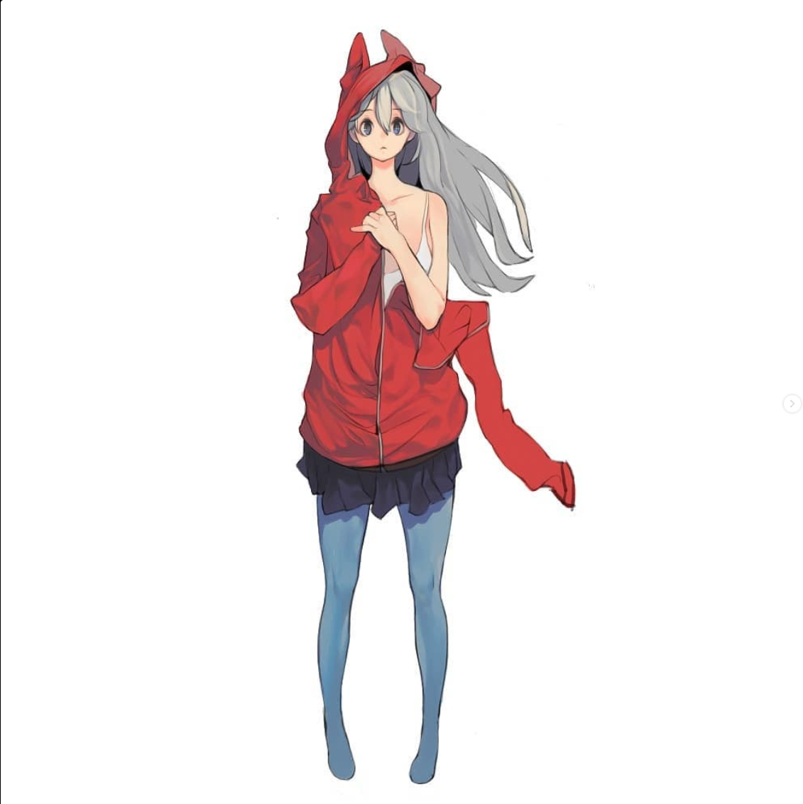 a young anime girl with flowing white hair, wearing a red cateared hoodie, a black skirt, and blue tights. she's holding the front of her hoodie, her expression curious and innocent.