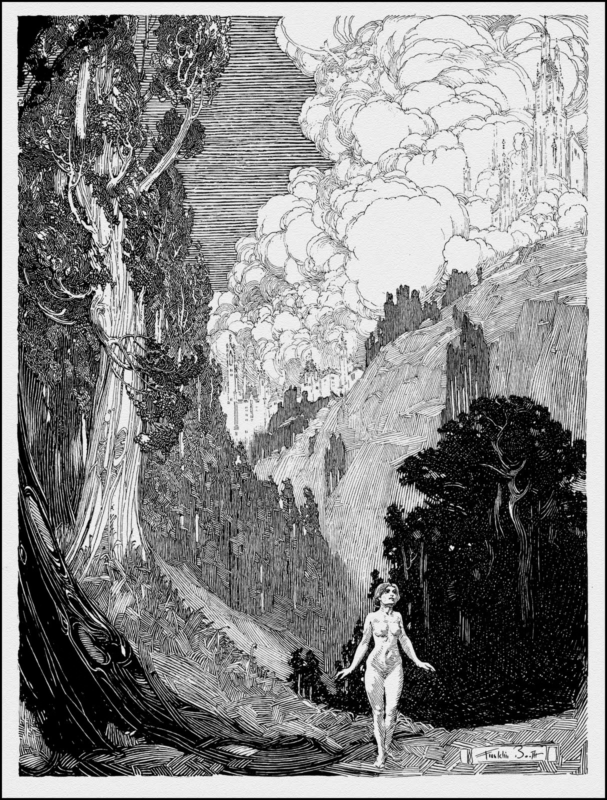 this is a black and white illustration, possibly a woodcut or engraving, depicting a fantastical landscape. the style is reminiscent of vintage fantasy illustrations. the scene shows a path leading from a dark, dense forest towards a city in the distance. the city is partially obscured by clouds or smoke, and is situated on a hillside. a nude female figure walks along the path towards the city. the contrast between light and shadow is strong, adding depth and drama to the image. the trees are detailed, suggesting age and depth. the artwork features a highly detailed and textured style.  a signature, possibly "heath robinson", is visible in the lower right corner. the overall mood is one of mystery and wonder.