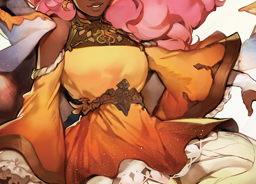 an illustration of a woman with dark skin and pink hair wearing an orange dress with ornate details. the style is reminiscent of fantasy art.