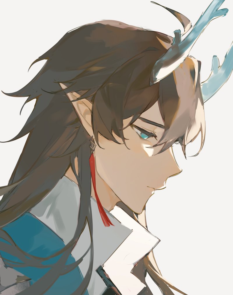 this is a digital illustration of an anime character. the character is a young male with long brown hair, blue eyes, and a pair of antlers. he's wearing a white shirt with blue collar and a red earring. he is looking down with a thoughtful expression. the background is white. the art style is semirealistic, with soft shading and some watercolor textures.