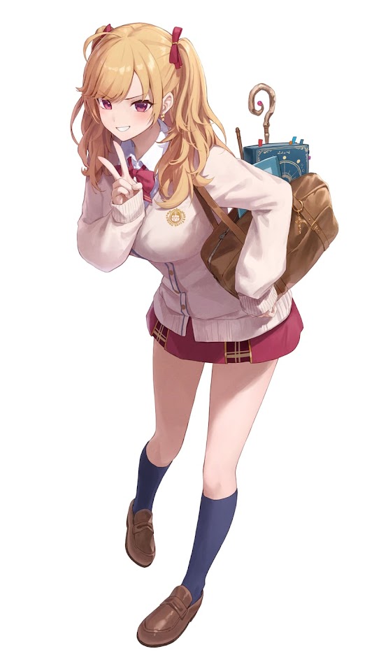 this is an anime image of a blonde haired girl with red eyes in a school uniform. she is wearing a white sweater, a red skirt, brown shoes, and blue socks. she is holding a bag, a book, and has a peace sign up with her hand.