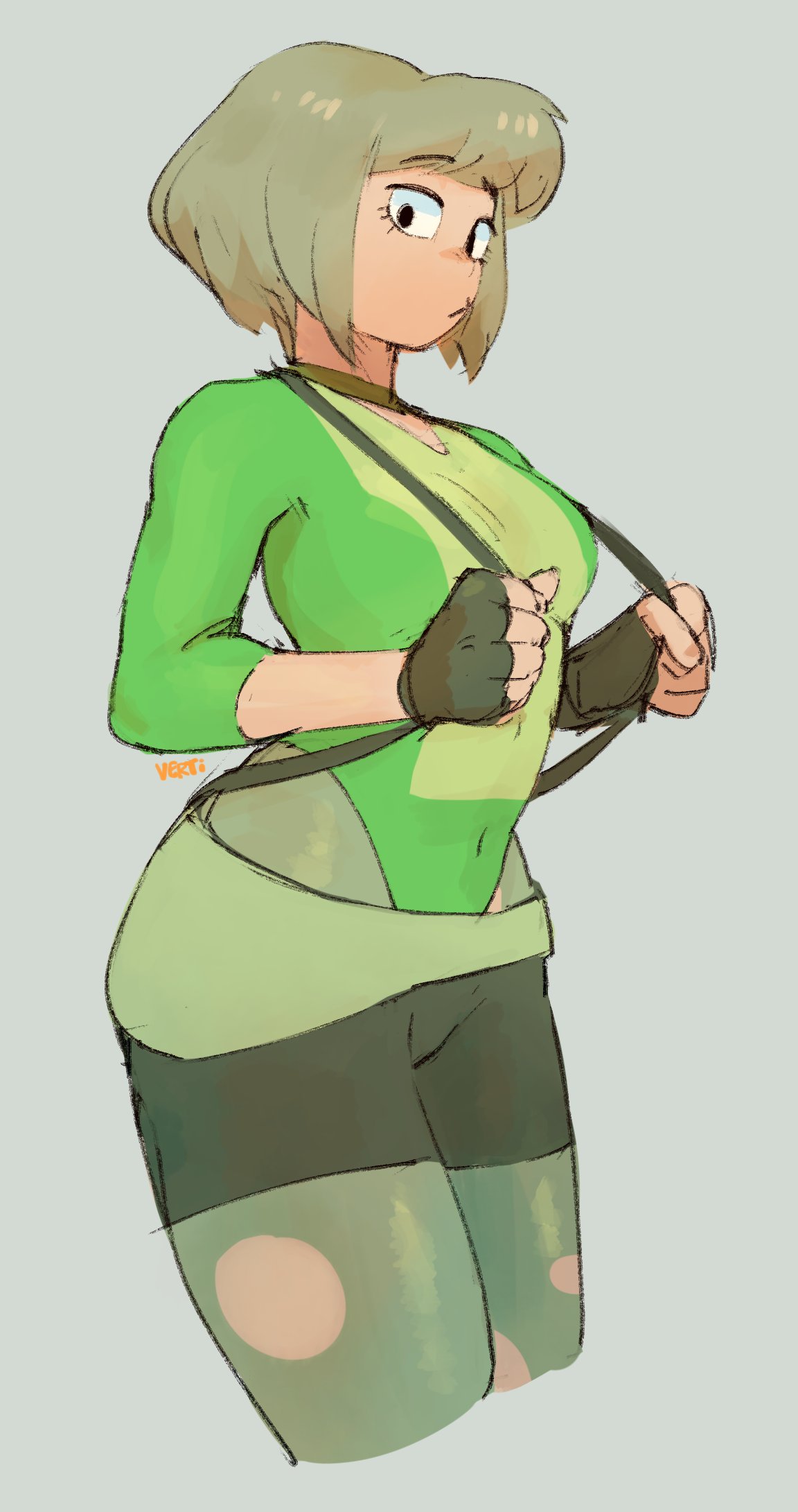 this is a digital illustration of an anime girl with green hair. she is wearing a green jumpsuit and a black belt, holding a strap of the jumpsuit in each hand. she is looking to the right side of the image. she has light brown eyes and light brown eyebrows. the background is light gray.