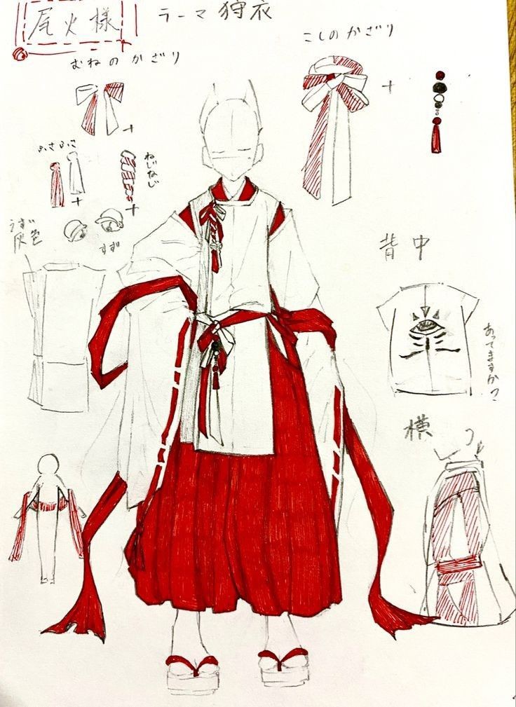 the image is a handdrawn character design sketch of an animestyle figure in traditional japanese clothing. the primary colors are red and white, with the clothing consisting of a longsleeved white top with red accents, a red skirt or hakama, and sandals. ribbons and bows are incorporated into the outfit, along with beads and tassels as accessories. the design includes annotations in japanese, suggesting various details of the clothing and accessories. there are supplementary sketches around the main figure, showing closeups of headwear, ribbons, the back of the garment with an eye motif, and the side view of the outfit.