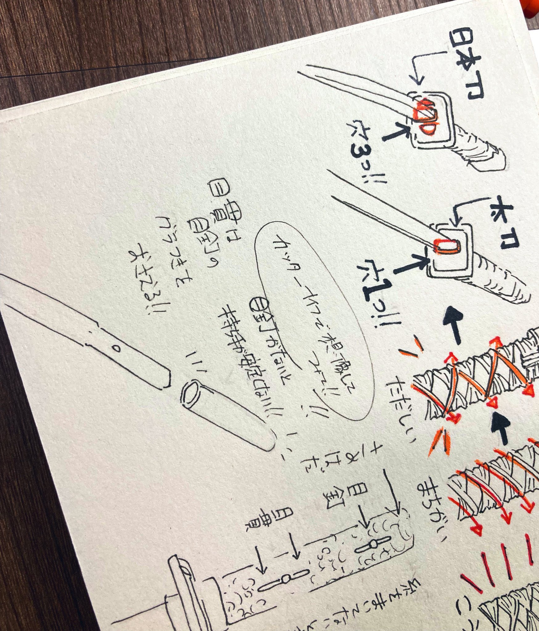 he image is a handdrawn sketch showing diagrams and annotations on how to repair or maintain a japanese sword (katana) handle (tsuka).  the drawings illustrate the placement of the tsuba (handguard), mekugi (pegs), and the process of wrapping the tsuka with ito (cord).  there are japanese characters and annotations describing the process and potential problems.  the style is informal and seems like personal notes rather than a formal instructional guide.