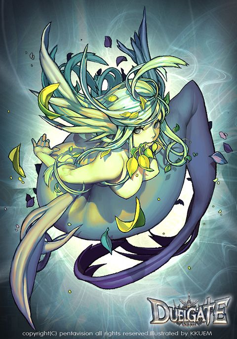 a colorful digital illustration of a female mermaid with long green hair. she is depicted in a light blue and green color scheme, with purple accents. the image is labeled "duelgate" and "illustrated by kkue".