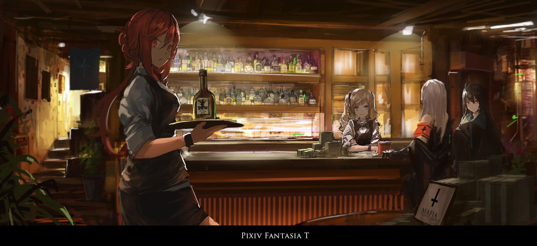 the image is a digital painting of an animestyle scene set in a dimly lit bar. a redhaired waitress is serving a bottle of sherry to customers sitting at the bar.  the customers include a blonde girl, a girl with white hair, and a girl with black hair. stacks of cash are visible on the bar. the overall atmosphere is dark and suggestive of a mafiarelated setting, indicated by a "mafia" sign on the bar. the style is detailed and evocative, with a focus on atmosphere and character design.  the background shows a wornlooking bar interior. the artist's signature "pixiv fantasia t" is at the bottom of the image.
