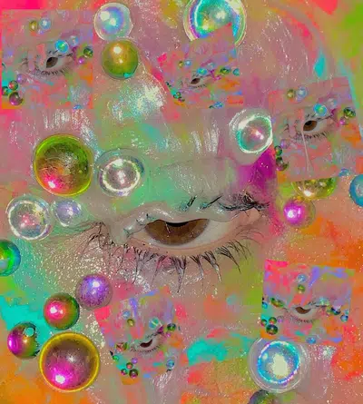 a colorful, psychedelic image with an eye as the central focus. the eye is surrounded by a kaleidoscope of colors, patterns, and textures. there are swirls of glitter, iridescent bubbles, and rainbowcolored splashes of paint. the image evokes a feeling of dreaminess, whimsy, and fantasy.
