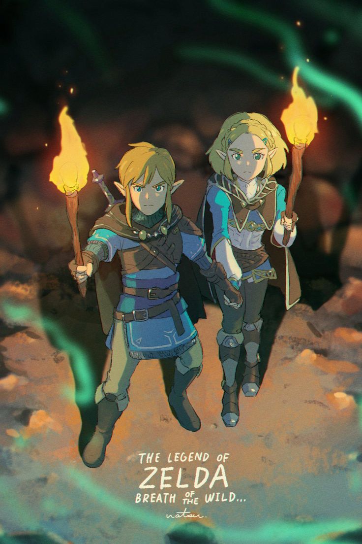 illustration from the legend of zelda: breath of the wild, featuring link and zelda holding torches.