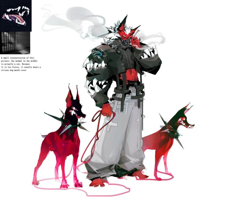 he image is a digital illustration of an anthropomorphic cat character. the cat is depicted as a fiercelooking individual, wearing a black and white streetwear outfit and a doglike mouth cover. the character has red fur, sharp features, and is smoking.  the cat is holding a leash attached to two similarly styled red, spikedcollared dogs. the background is minimalist, and a small inset shows the cat's actual mouth. a text description clarifies that the character is a cat disguised by its fierce appearance and dog mouth cover. the overall style is a mix of anime and edgy fashion elements.