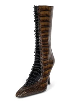 a pair of women's brown crocodile embossed leather boots with black laces. the boots have a high heel, pointed toe, and anklelength shaft.