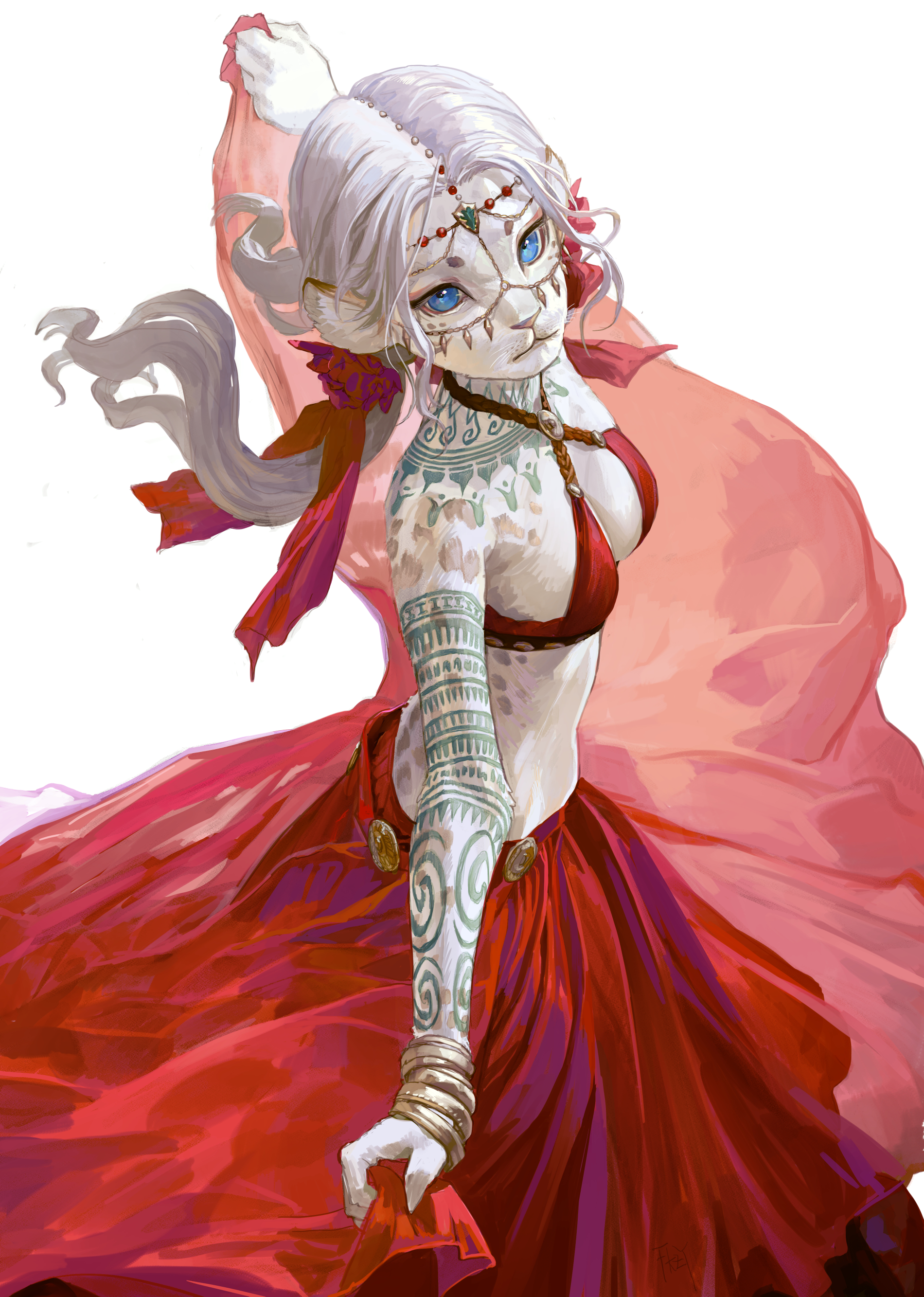 a fantasy illustration of a female cat person with white fur, white hair, and blue eyes, wearing a red dress and tribalinspired tattoos. she is adorned with jewelry, including a headpiece and arm bracelets, and is holding a red shawl. her appearance suggests a mix of feline and human characteristics.
