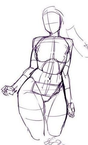 a pencil sketch of a female figure in a pose with lines outlining the body structure. the figure is in a standing position with the legs bent at the knees and the arms crossed over the chest. the outline shows the shape of the torso, arms, and legs. this is a drawing in progress and will be used for creating a finished illustration.