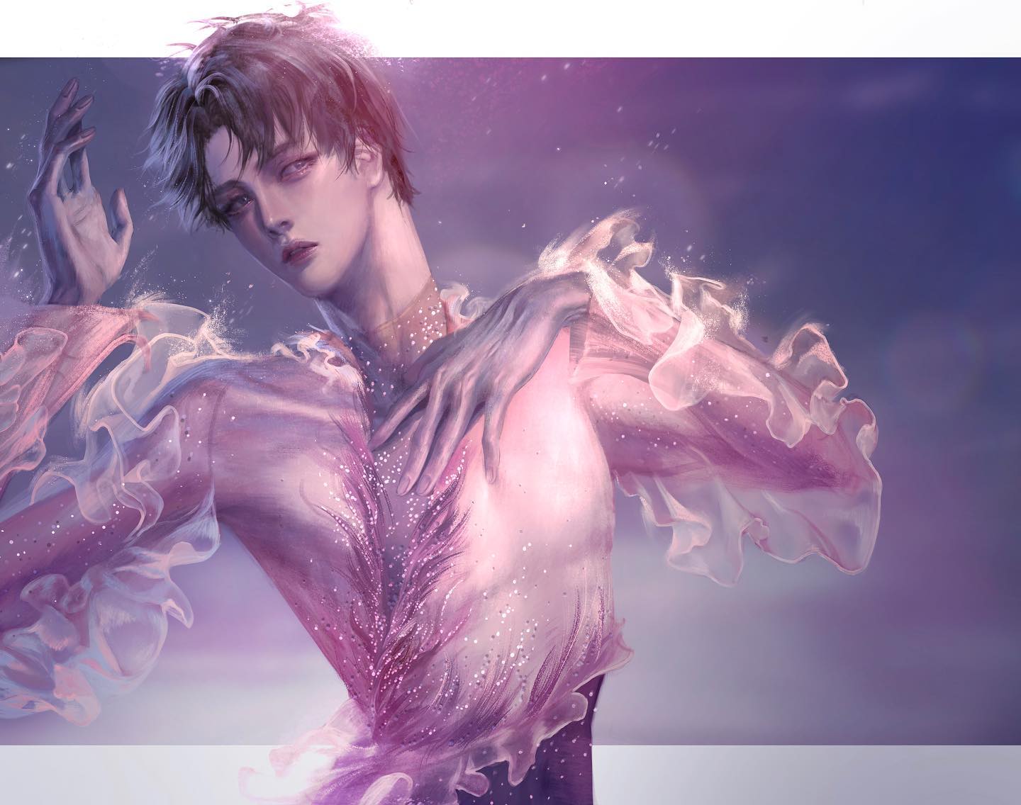 the image showcases a digital illustration of a young man in an ice skating pose. his attire resembles a flamboyant figure skating costume with a sheer, flowing fabric adorned with sparkles and feather details. the color scheme is predominantly purple and pink, creating a soft and ethereal atmosphere. the background is abstract, adding to the dreamlike quality of the image. the young man's expression is serious yet captivating, as if lost in the performance.  the overall aesthetic leans towards an anime/manga style, emphasizing grace and beauty.