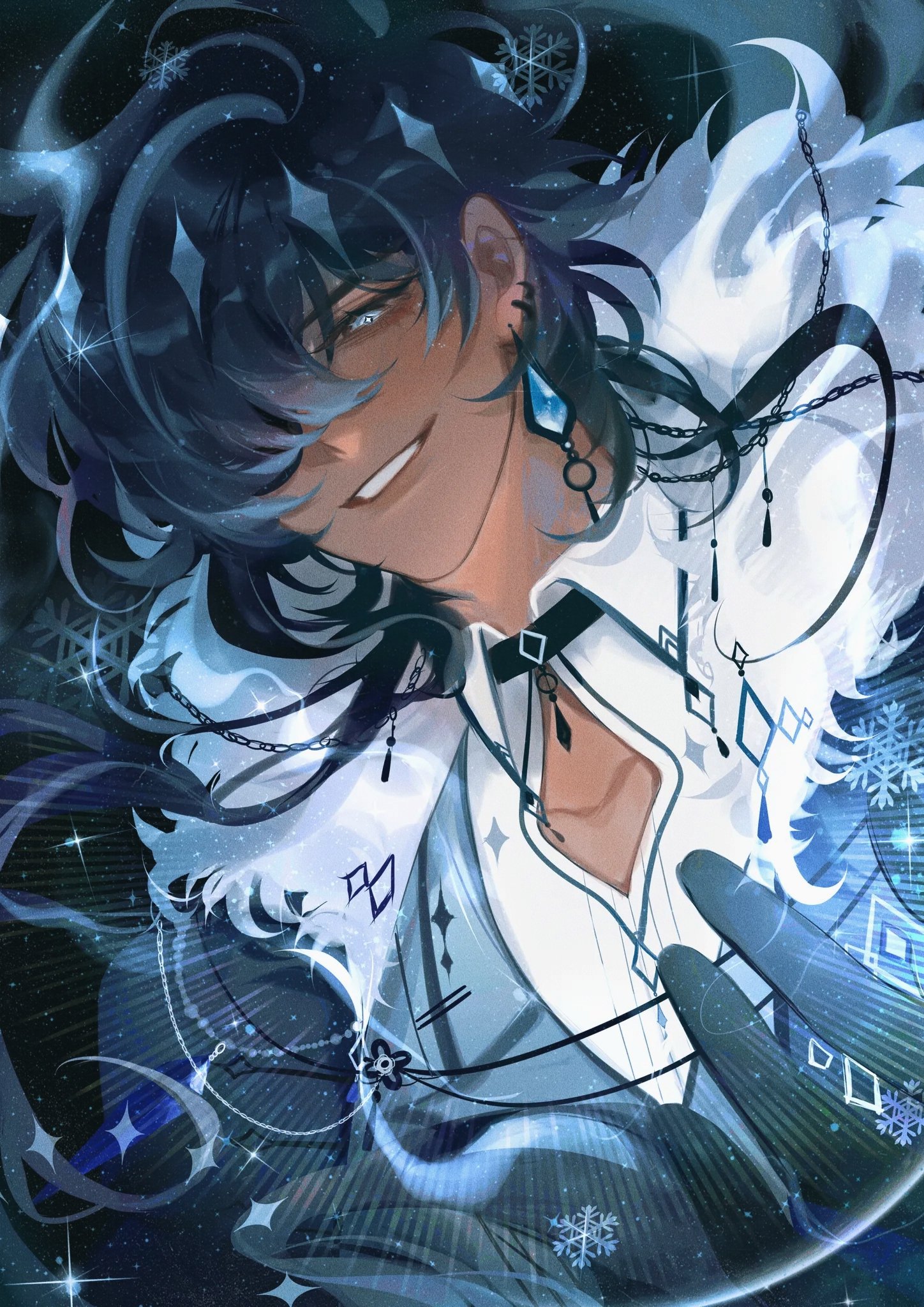 the image is a digital painting of an animestyle male character. he has long, dark blue hair that flows around his face, partially obscuring one eye. his skin is tan, and he has a smirk on his lips. he's wearing a white collared shirt with a long blue necklace and earrings,  and a white fluffy collar around his neck. the background is dark blue and black with swirling patterns and snowflakes, giving a magical or wintery feel. the overall style is elegant and mysterious, with a focus on detail in the character's clothing and accessories. the art is richly detailed, with many glowing sparkles and stars subtly scattered across the image.