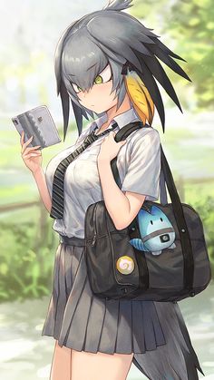 an animestyle illustration of a birdgirl wearing a school uniform. she has gray hair and feathers, yellow eyes, and is holding a smartphone in her right hand and her bag strap with her left hand. she is standing on a sidewalk with green grass and trees in the background. the lighting is soft and natural, giving the image a warm and inviting feeling.